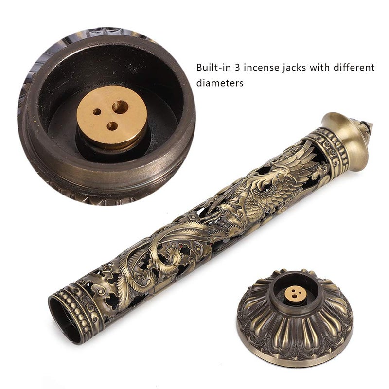 Focket Incense Tower Holder,Portable Bronze Dragon Phoenix Relief Retro Nostalgia Vertical Stick Incense Holder With Craft Storage Box Ash Catcher Sticks Incense Holder For Home - Image 3